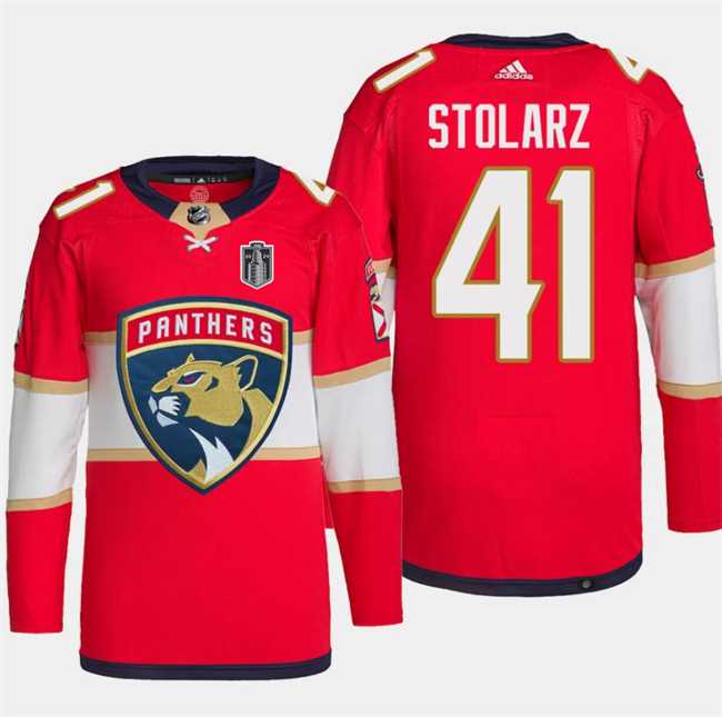 Mens Florida Panthers #41 Anthony Stolarz Red 2024 Stanley Cup Final Patch Stitched Jersey Dzhi